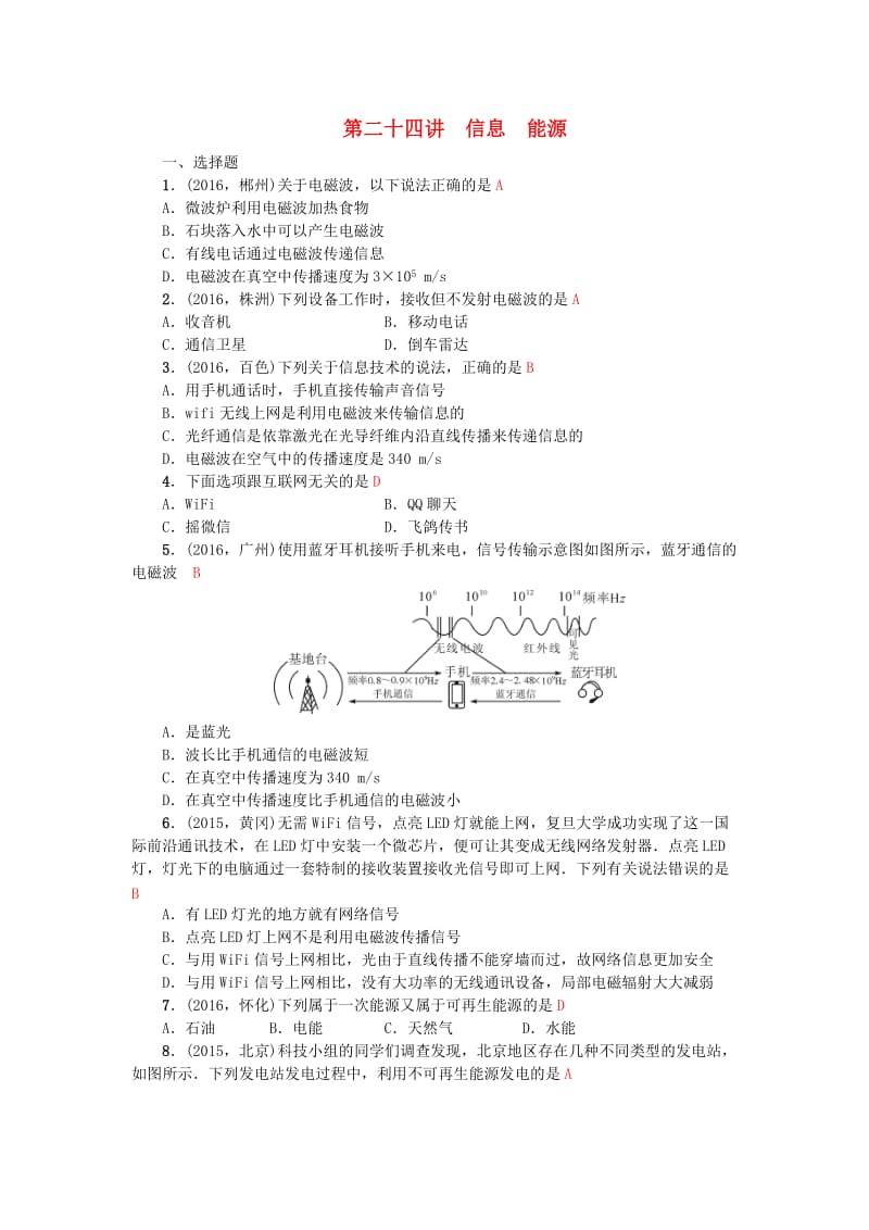 中考物理总复习 第二十四讲 信息 能源试题11_第1页