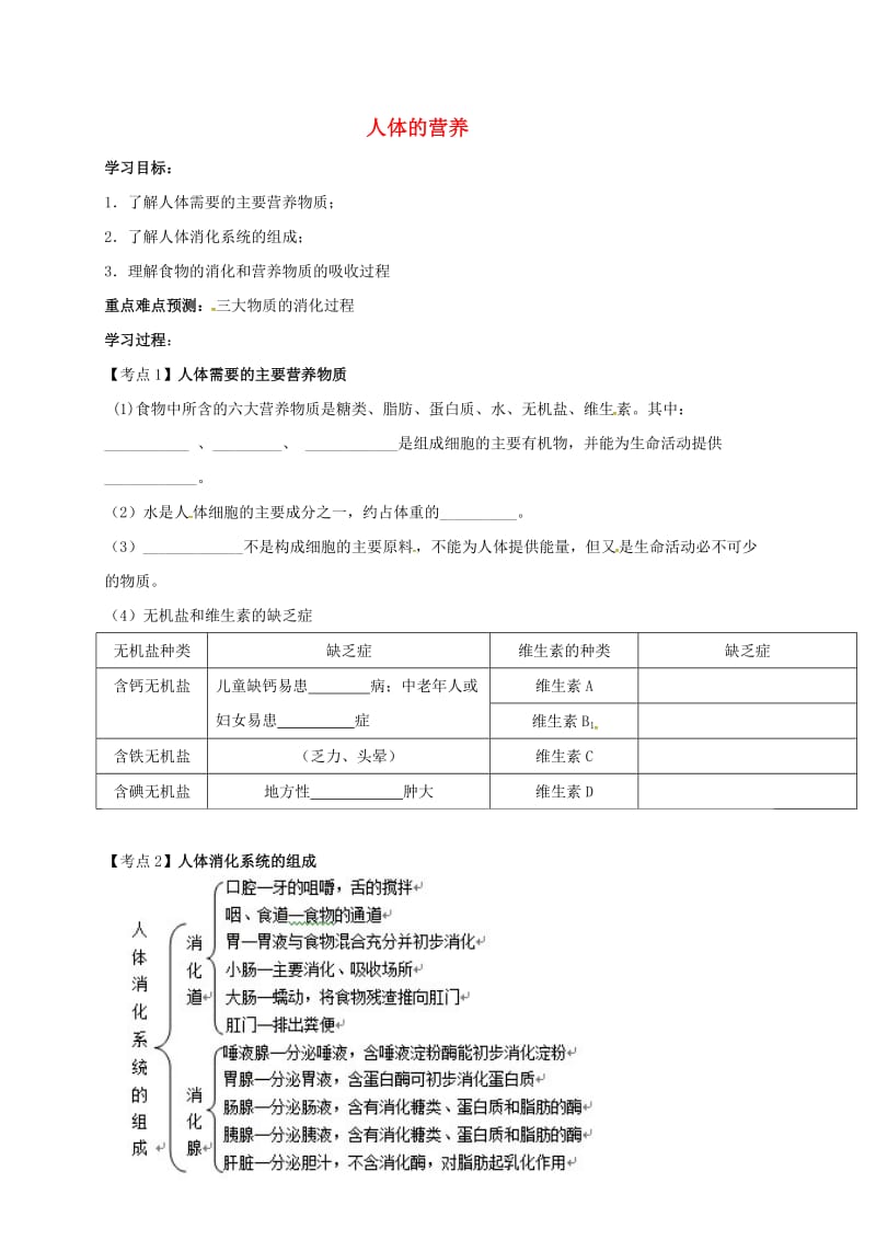 中考生物专题复习 第1讲 人体的营养学案_第1页