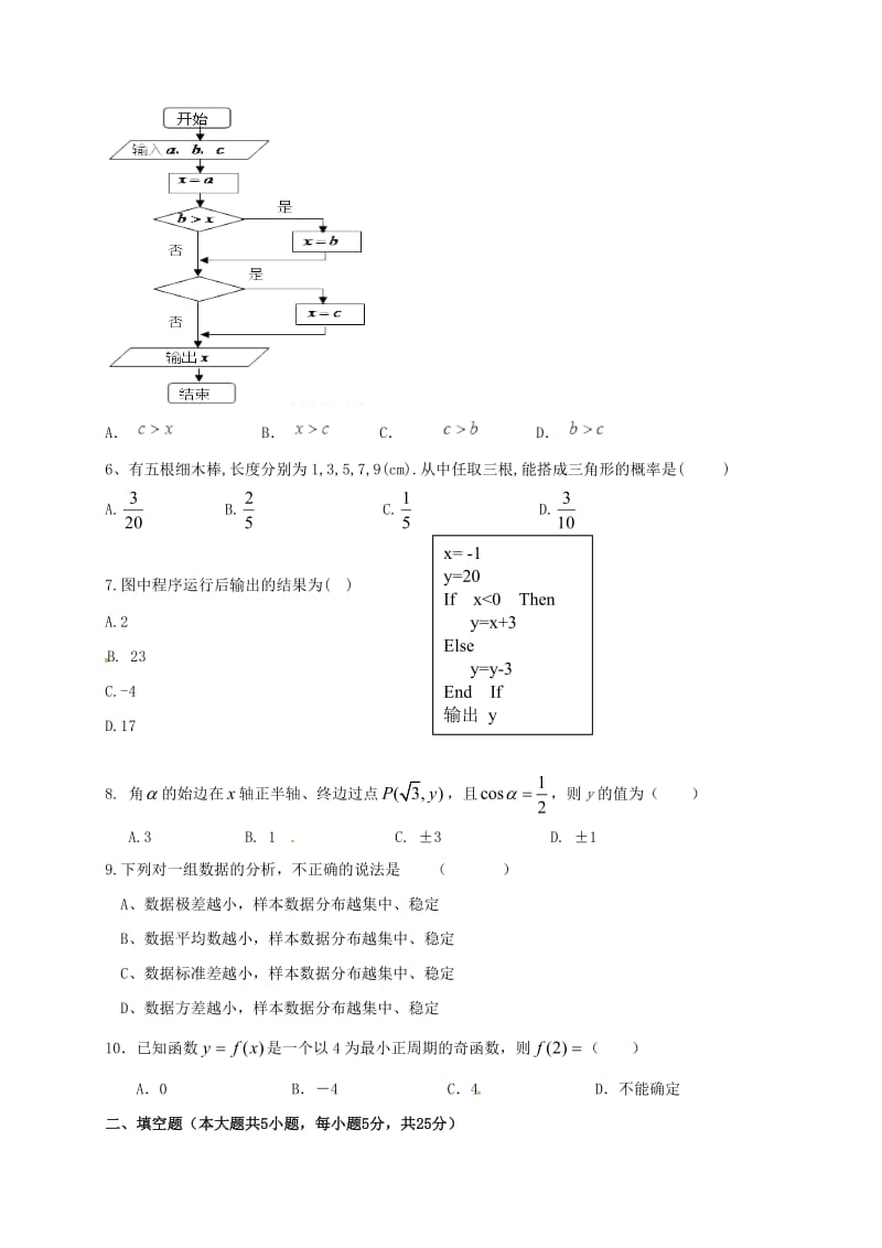 高一数学下学期期中试题（无答案）3_第2页