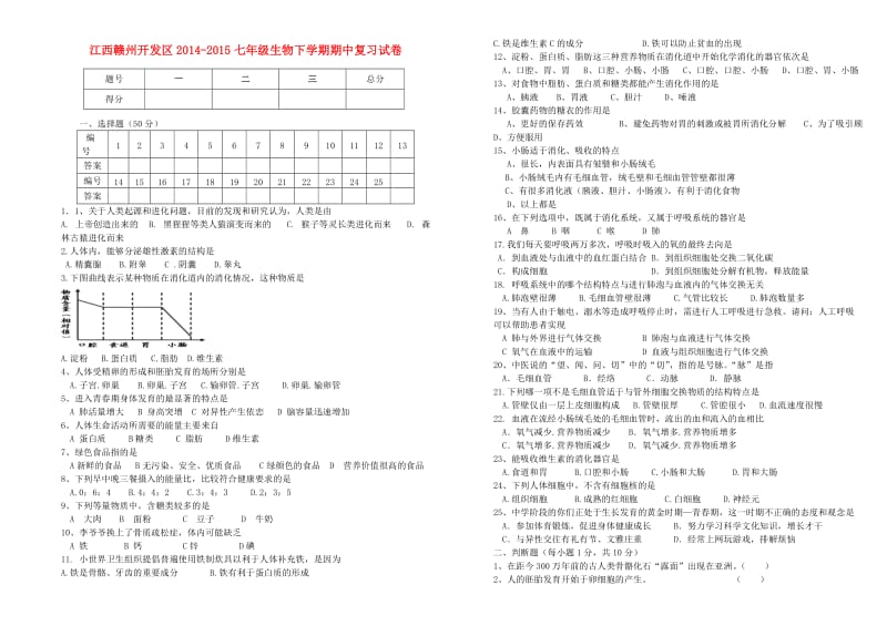 七年级生物下学期期中复习试卷新人教版_第1页