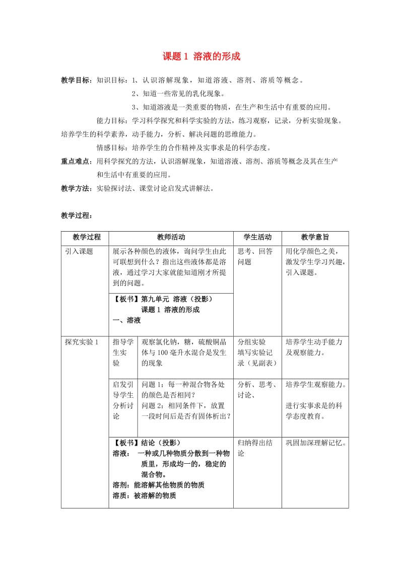 九年级化学下册 第9单元 溶液 课题1 溶液的形成教案 （新版）新人教版_第1页