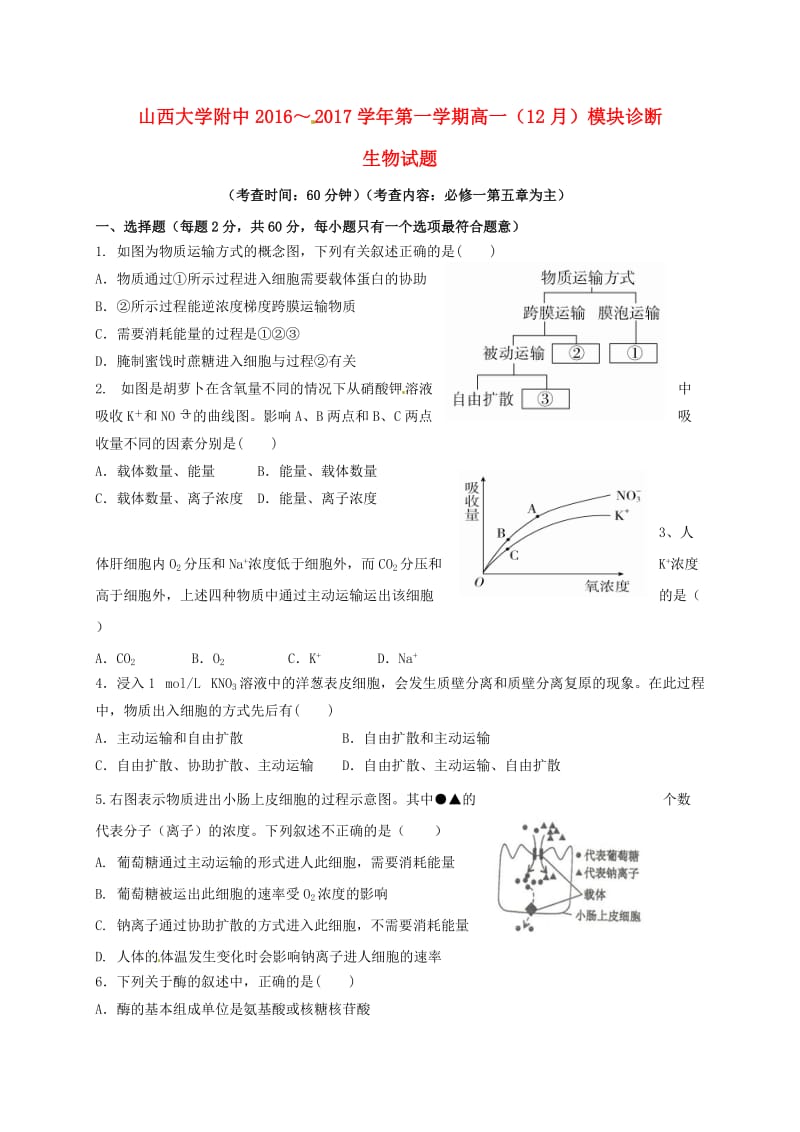 高一生物12月模块诊断试题_第1页