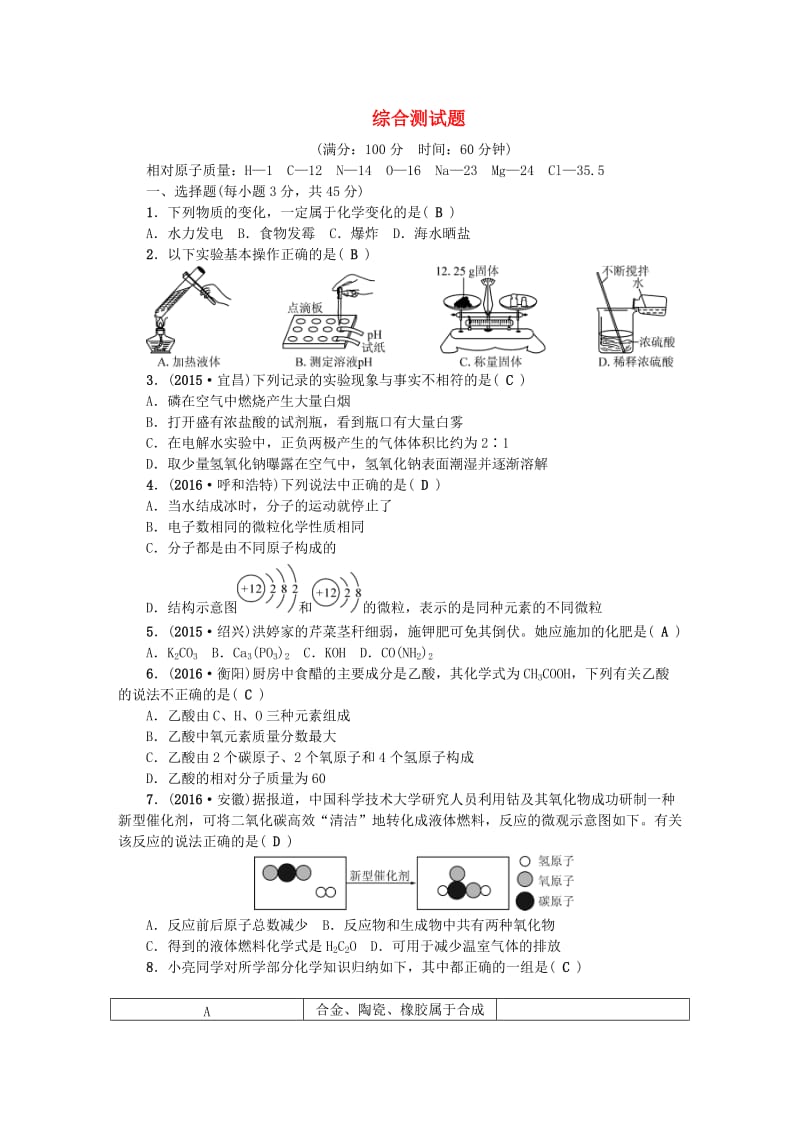 中考化学总复习 第三篇 阶段测试 综合测试题1_第1页