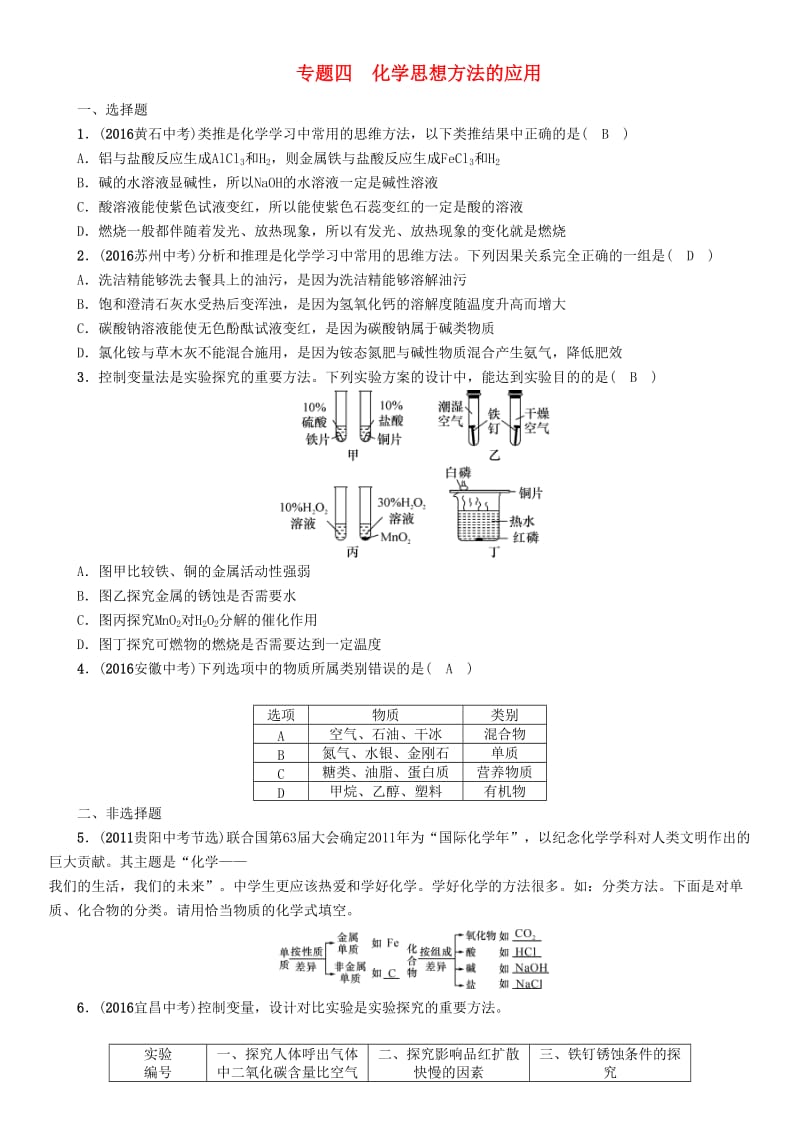 中考化学命题研究 第二编 重点题型突破篇 专题四 化学思想方法的应用（精练）试题_第1页