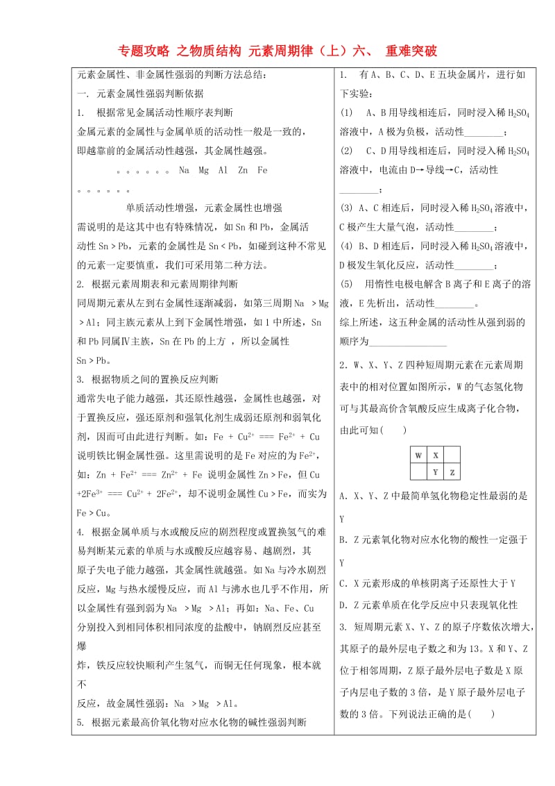 高三化学总复习 专题攻略 之物质结构 元素周期律（上）六、 重难突破（含解析）_第1页