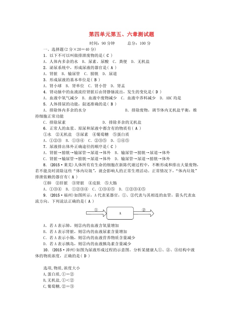 七年级生物下册 第四单元 第五、六章测试题 （新版）新人教版_第1页