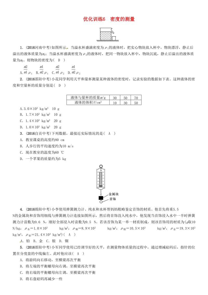 中考物理命题研究 第一编 教材知识梳理篇 第6讲 密度的测量 优化训练6 密度的测量试题1_第1页