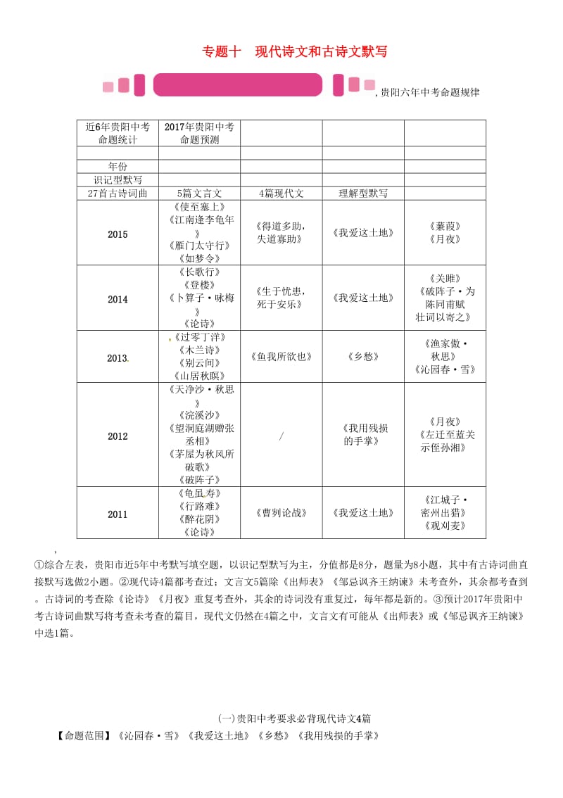 中考语文命题研究 第二编 古诗知识梳理 专题十 现代诗文和古诗文默写（一）贵阳中考要求必背现代诗文4篇精讲_第1页