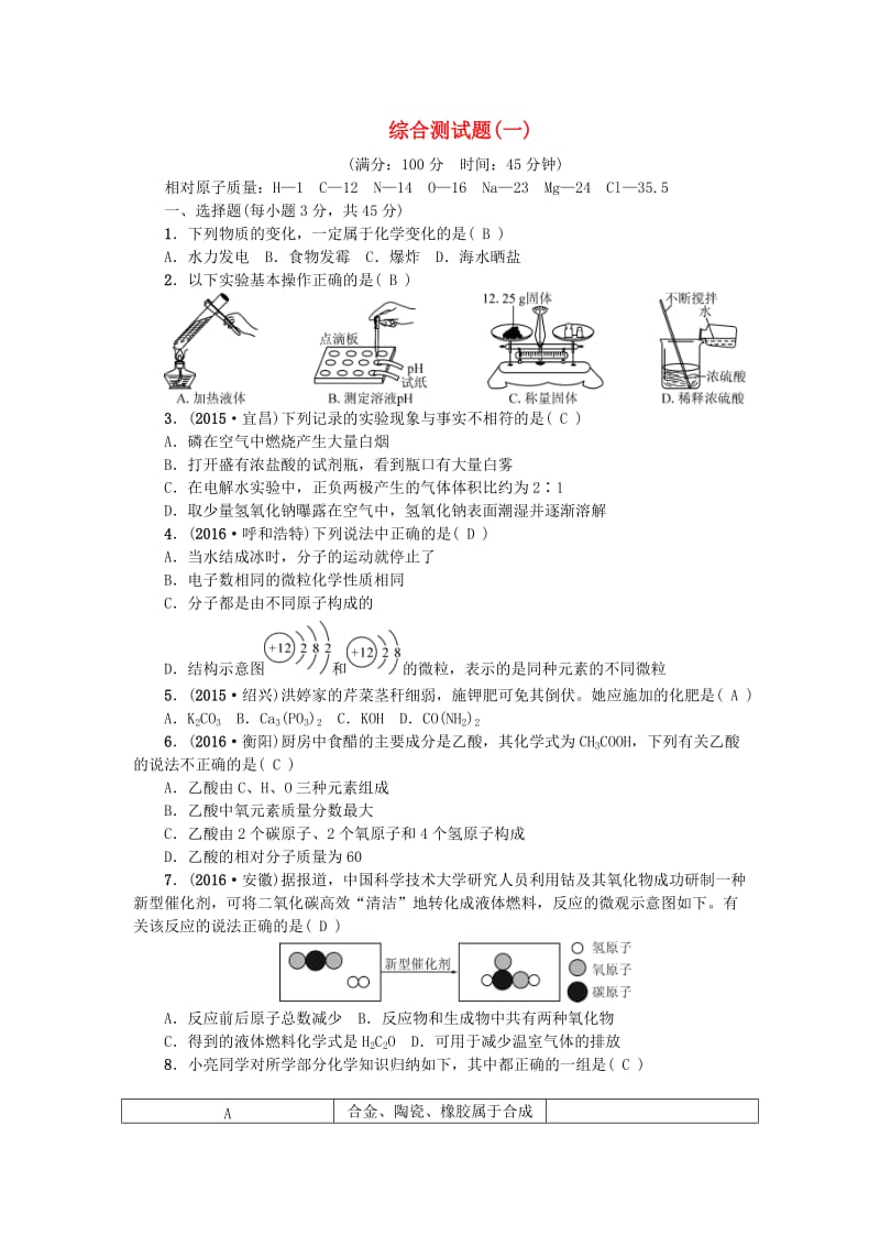 中考化学 第三篇 综合测试题（一） 新人教版_第1页