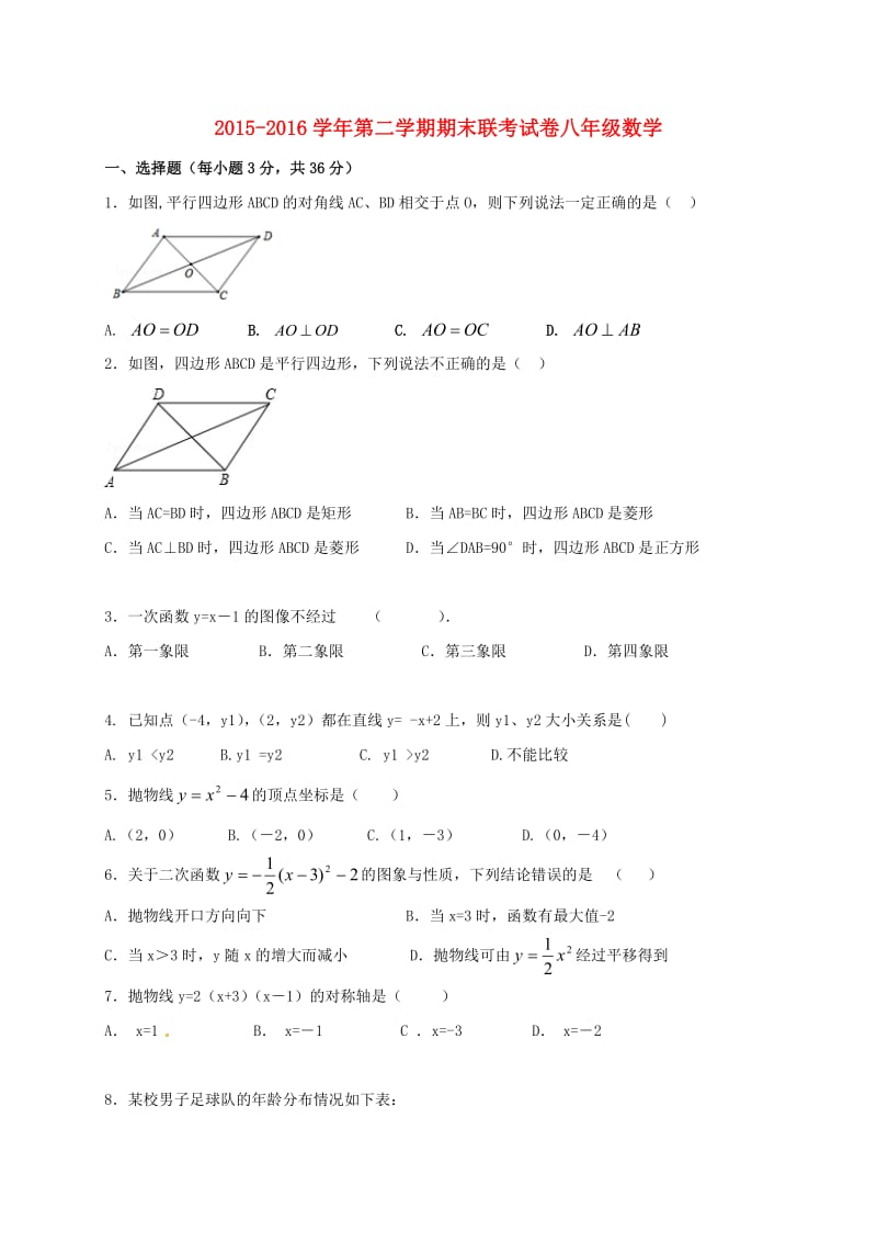 八年级数学下学期期末考试试题 苏科版_第1页