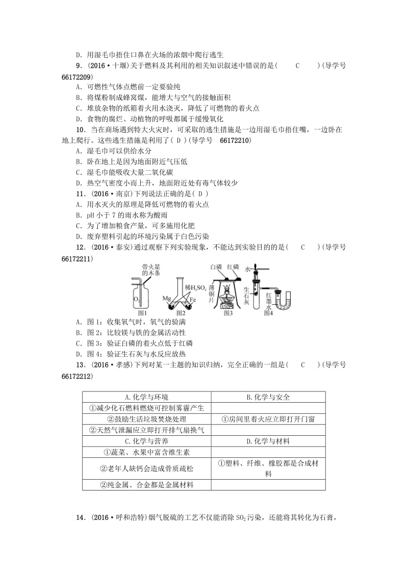 中考化学总复习 第一篇 第11讲 燃烧和灭火 燃料的合理利用与开发试题1_第2页