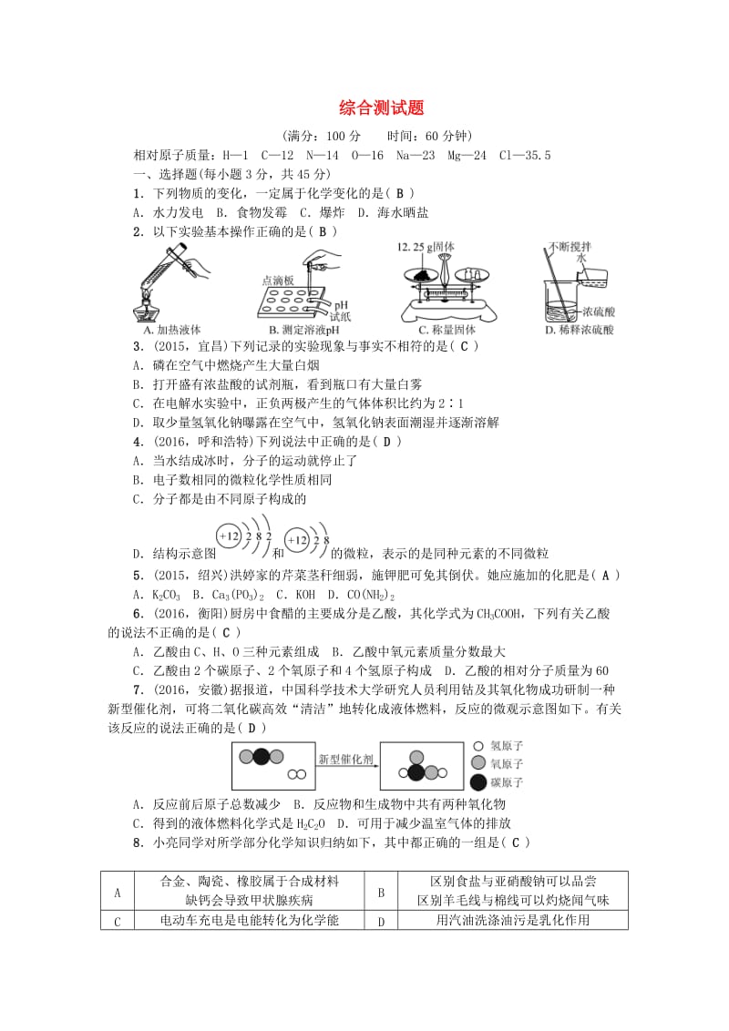 中考化学总复习 综合测试题1_第1页