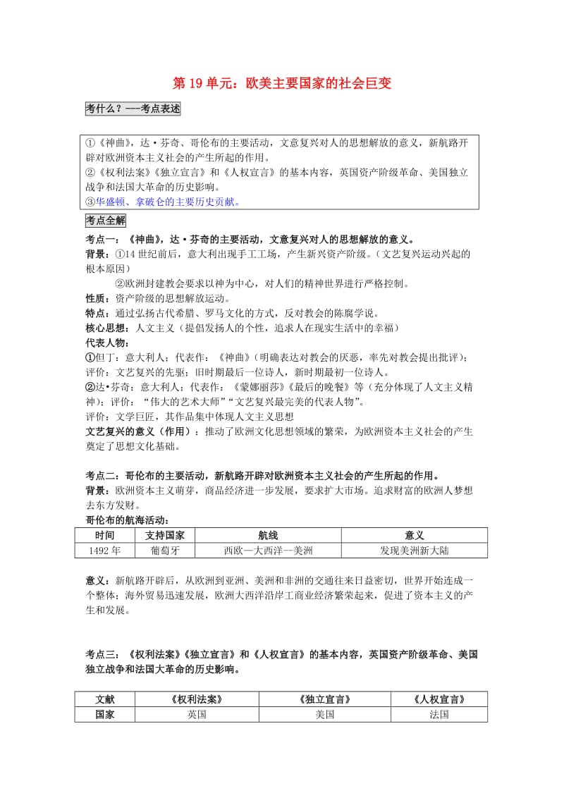 中考历史 第19单元 欧美主要国家的社会巨变题纲+课后练习1_第1页