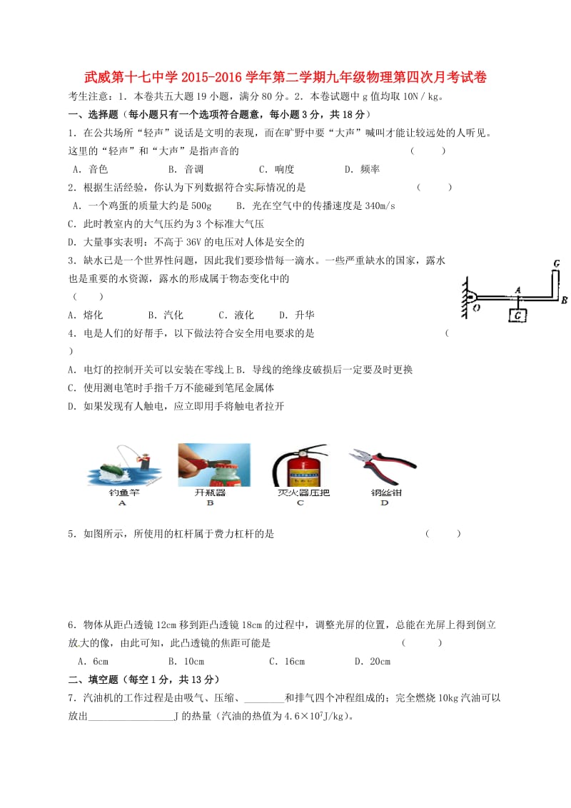 九年级物理下学期第四次月考试题新人教版_第1页