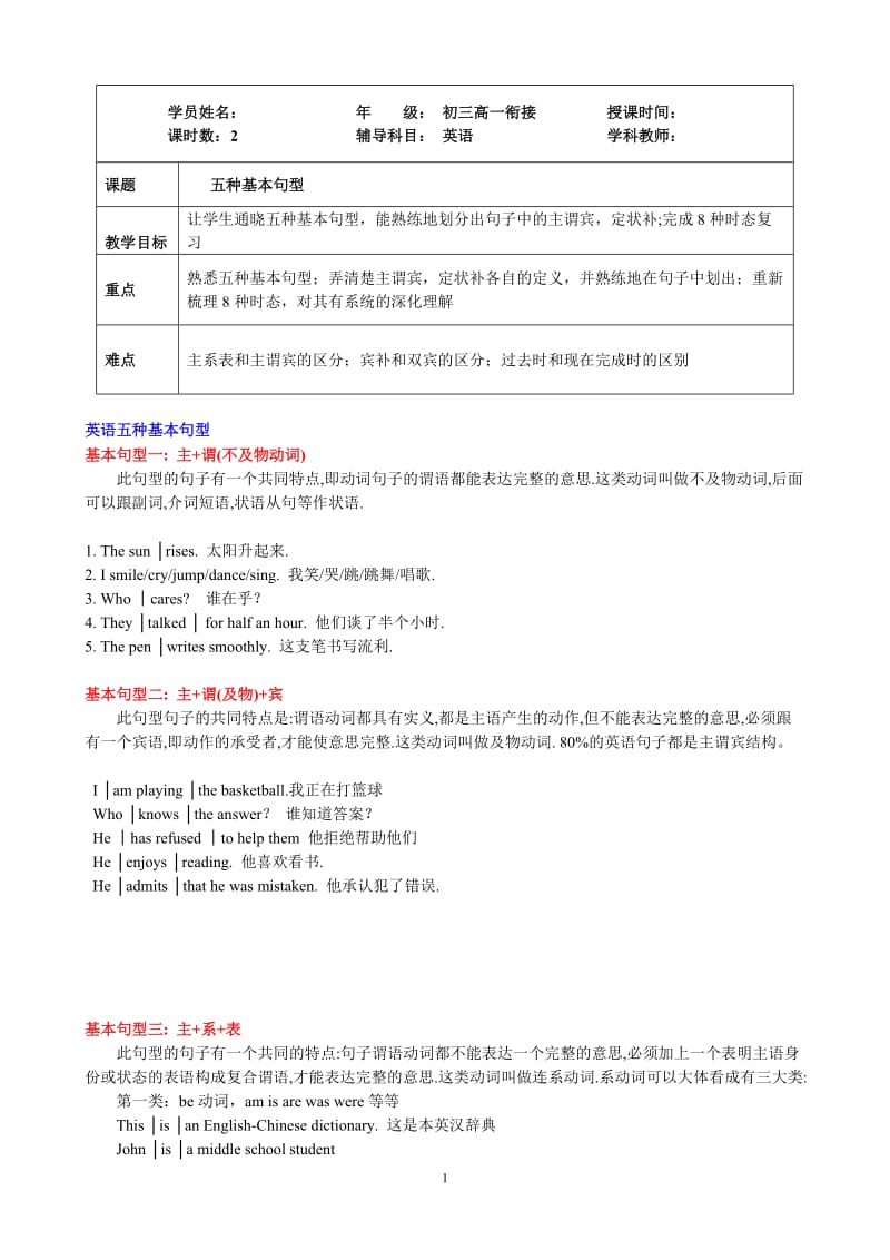 英语初高衔接课五种基本句型及时态语态复习学生版.doc_第1页