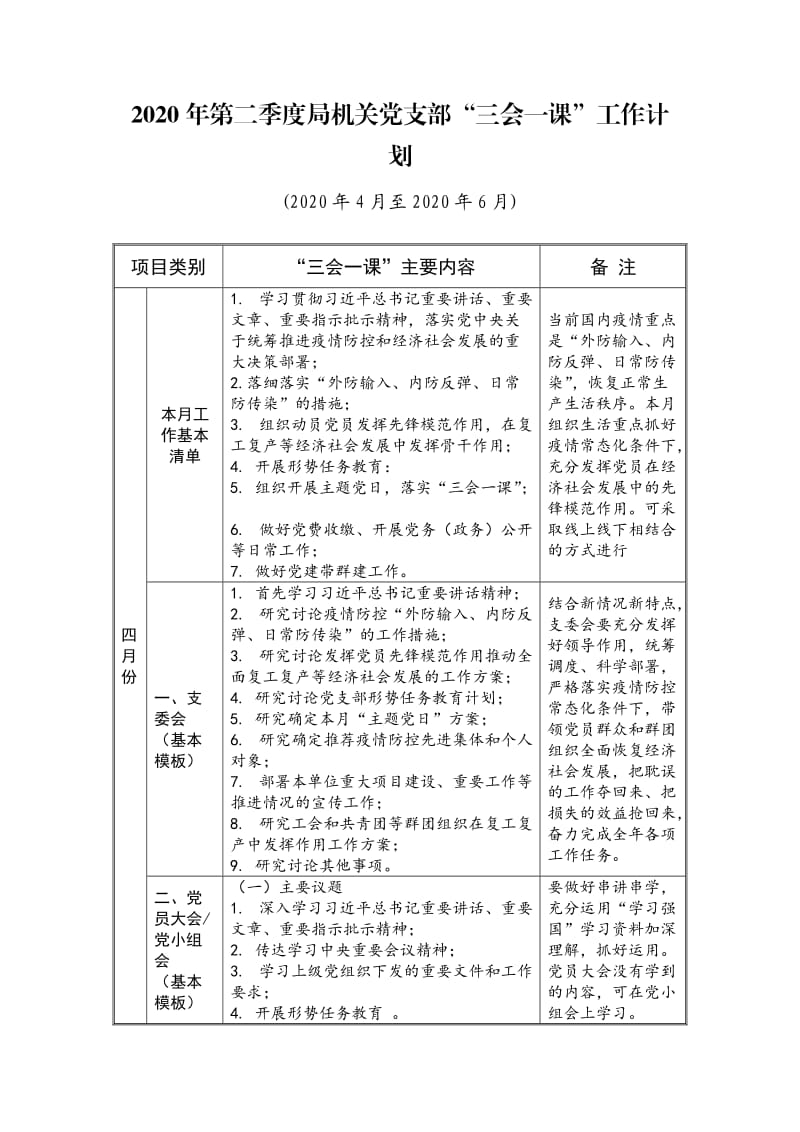 2020年第二季度局机关党支部“三会一课”工作计划（表格版）_第1页