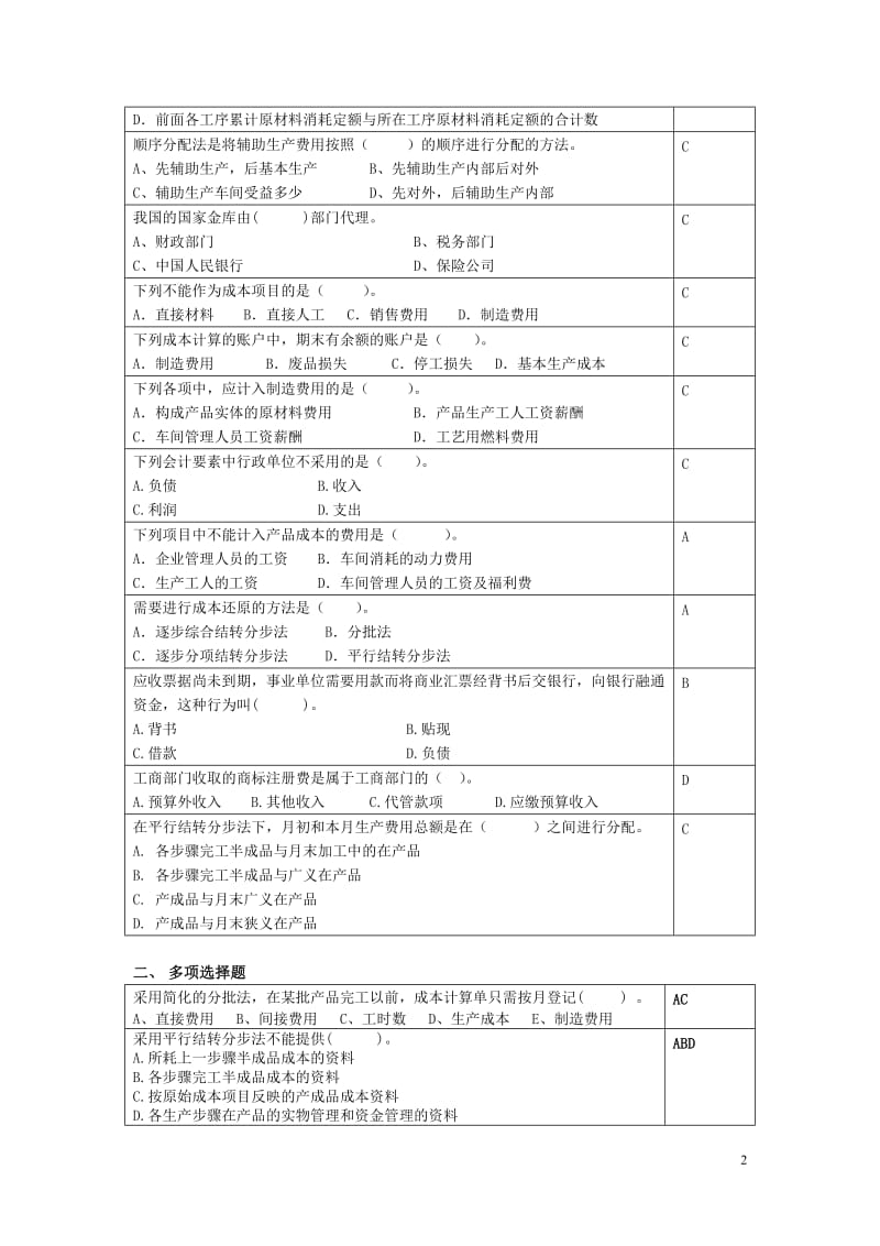 中农大远程网院成本会计与预算会计复习思考题课程考试全真题库.doc_第2页