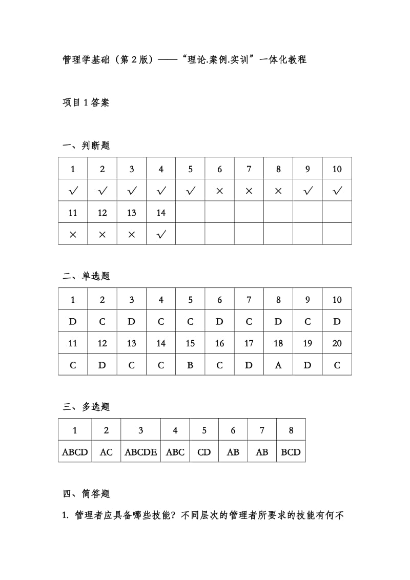 管理学基础第2版——“理论案例实训”一体化教程答案.doc_第1页