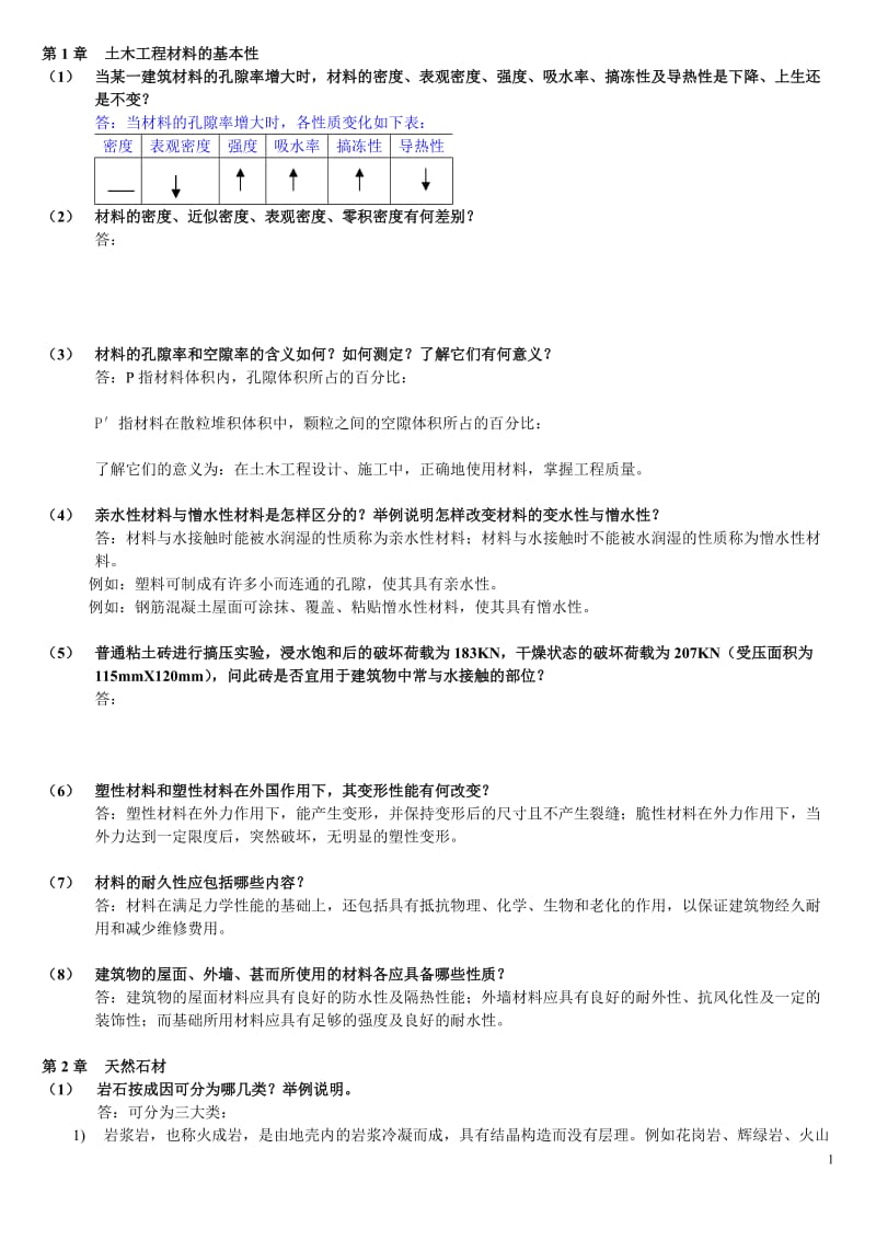 土木工程材料湖南大学、天津大学、同济大学、东南大学合编课后习题答案.doc_第1页