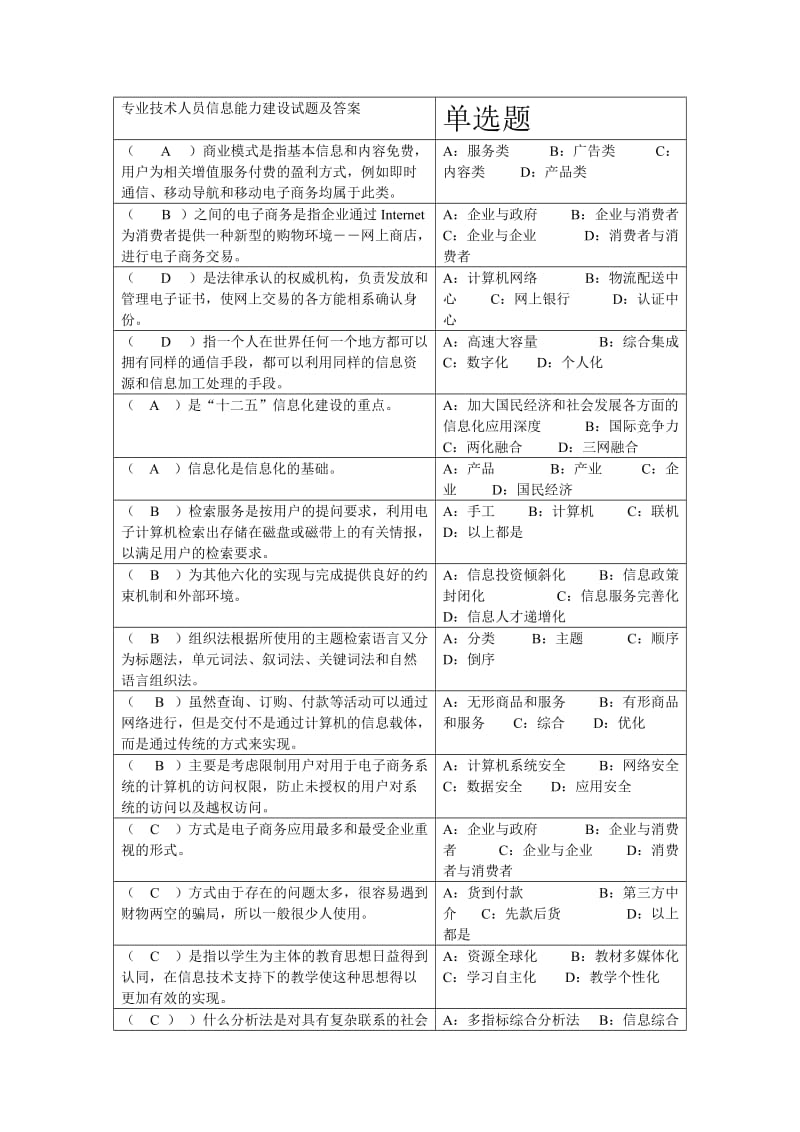 专业技术人员信息能力建设试题及答案单选题.doc_第1页