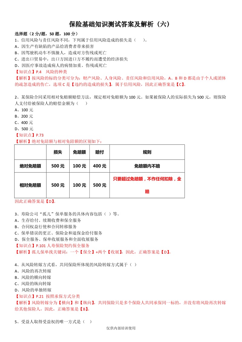 保险基础知识测试 答案及解析.docx_第1页