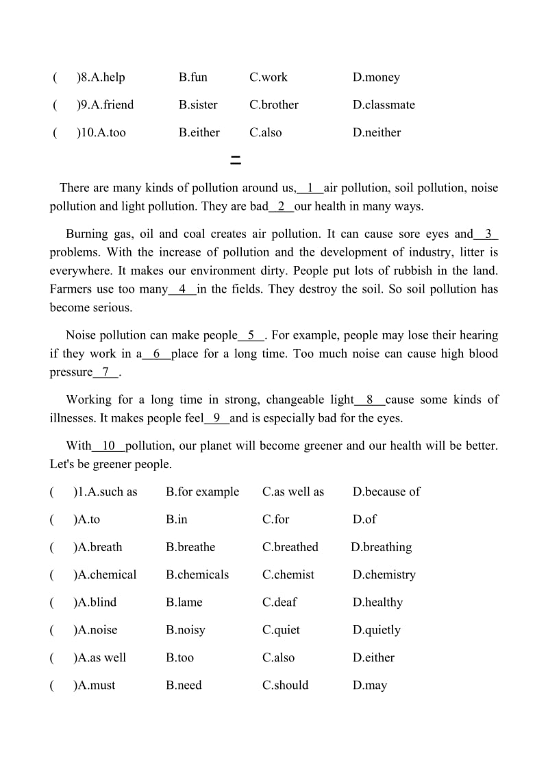 八年级英语上册完型填空专项练习附答案.docx_第2页
