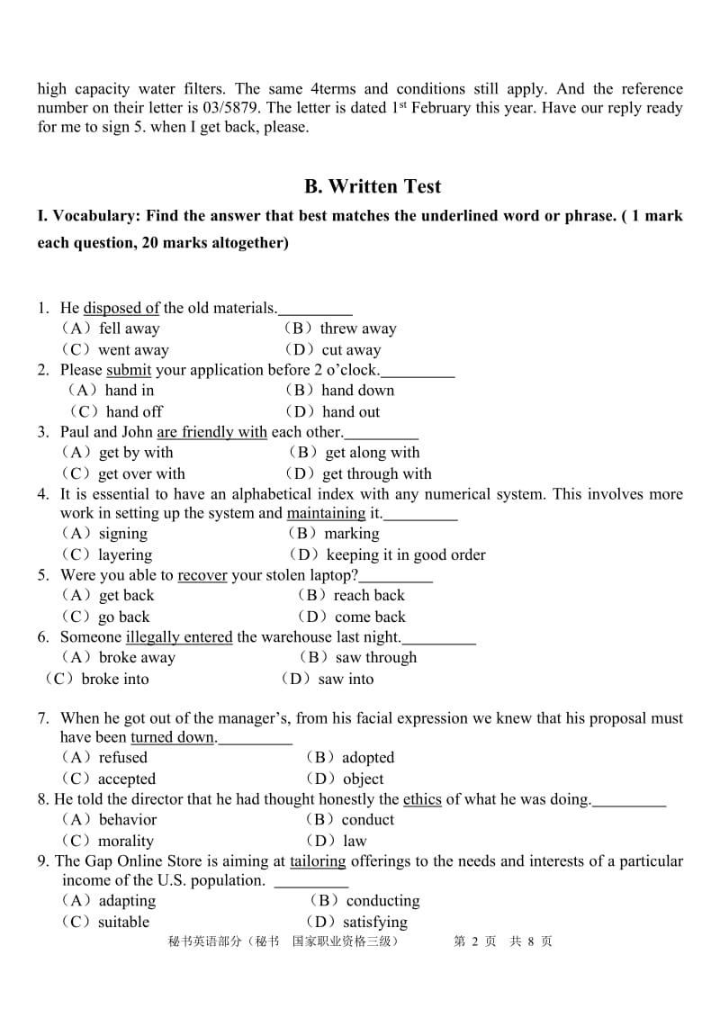 秘书英语三级试卷正文及答案.doc_第2页