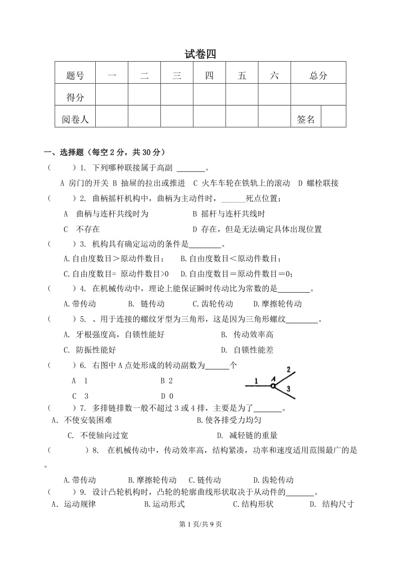 高职机械设计基础试卷四含答案.doc_第1页