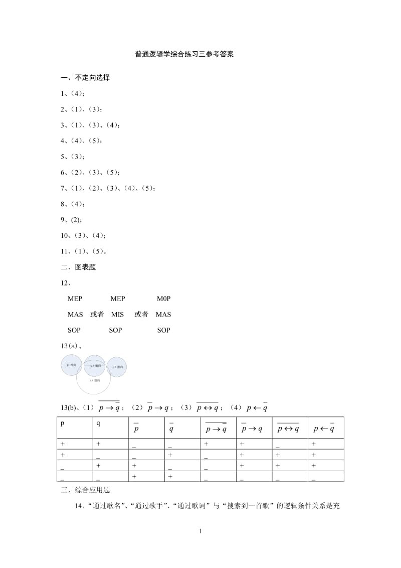 普通逻辑学综合练习三参考答案.doc_第1页