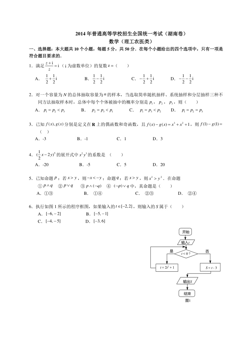 湖南高考数学理科含答案.pdf_第1页