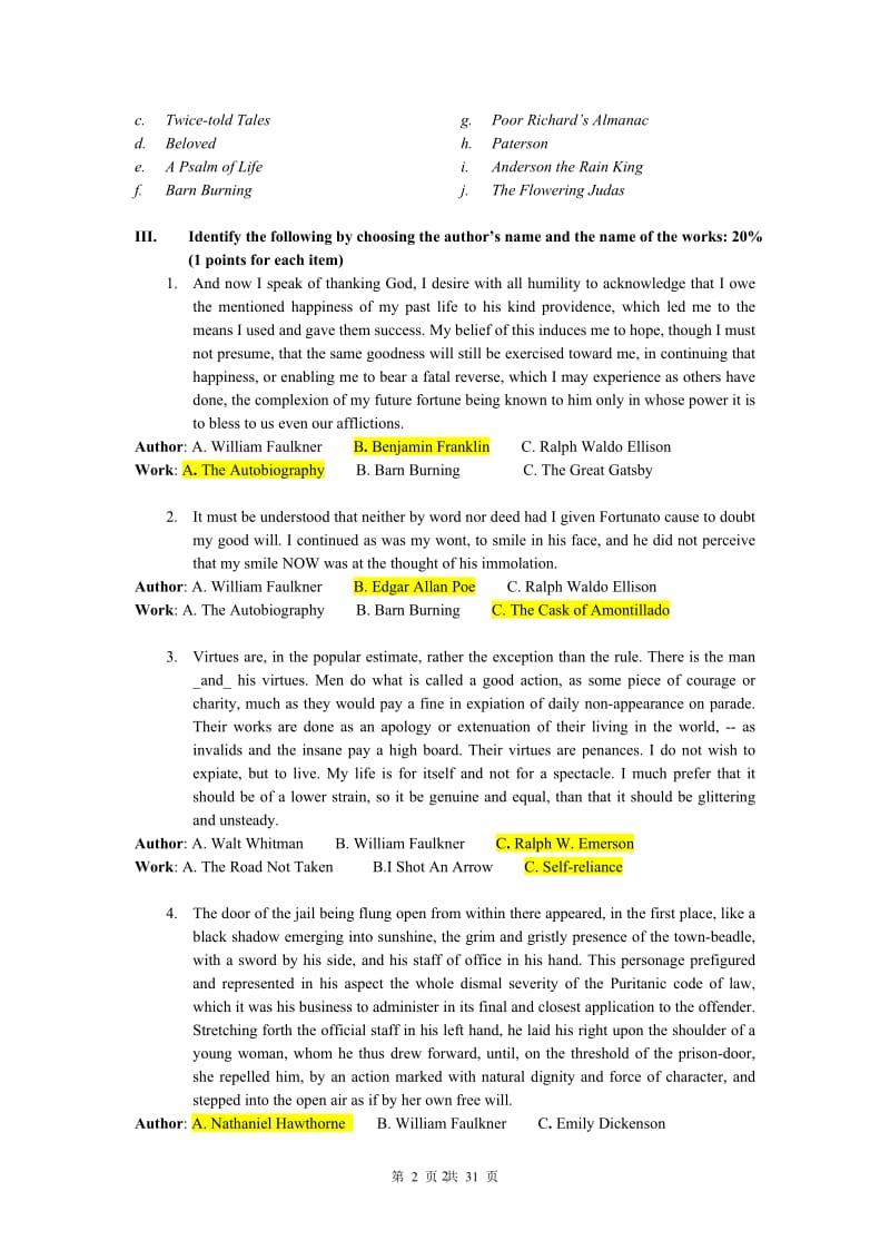 美国文学试题模拟卷及答案.doc_第2页