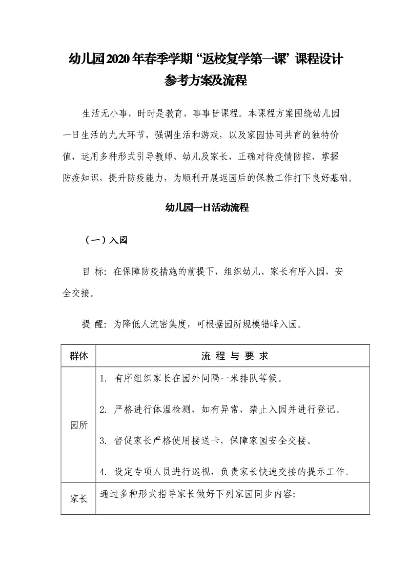 幼儿园2020年春季学期“返校复学第一课”课程设计参考方案及流程_第1页