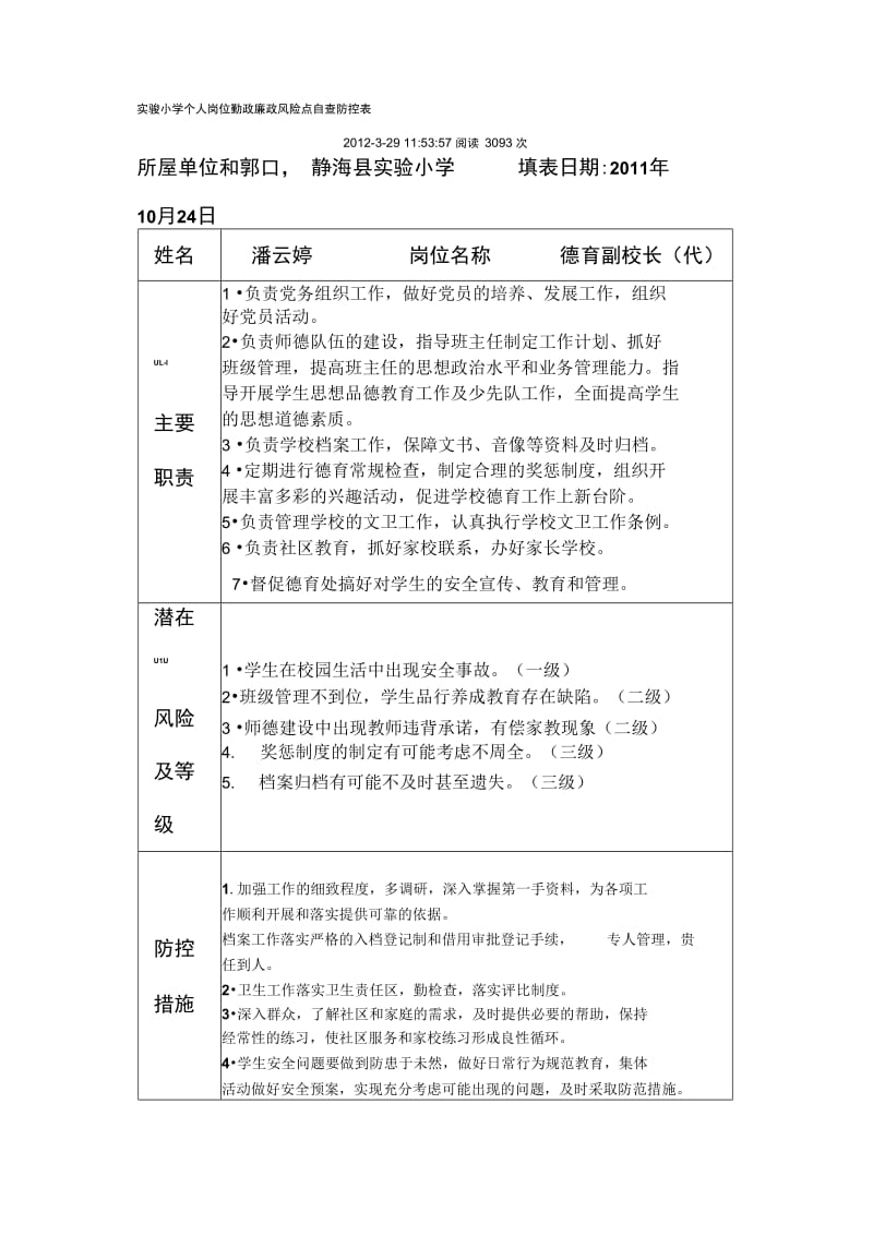 实验小学个人岗位勤政廉政风险点自查防控表._第1页