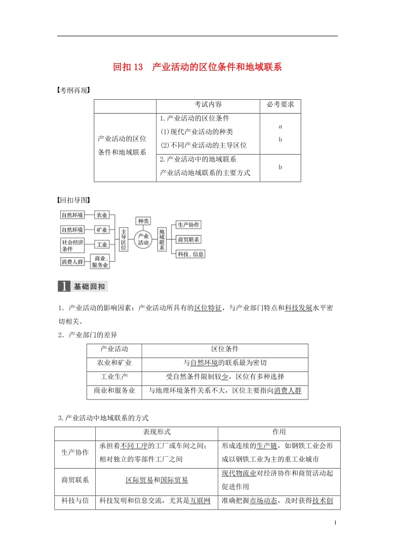 2017届高考地理二轮复习基础知识回扣回扣13产业活动的区位条件和地域联系_第1页