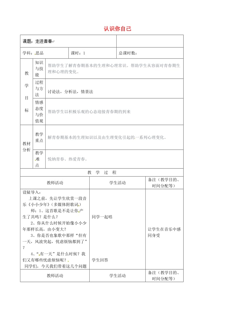 七年级政治上册 第2单元 第3课 第2框 认识你自己教案4 北师大版（道德与法治）_第1页