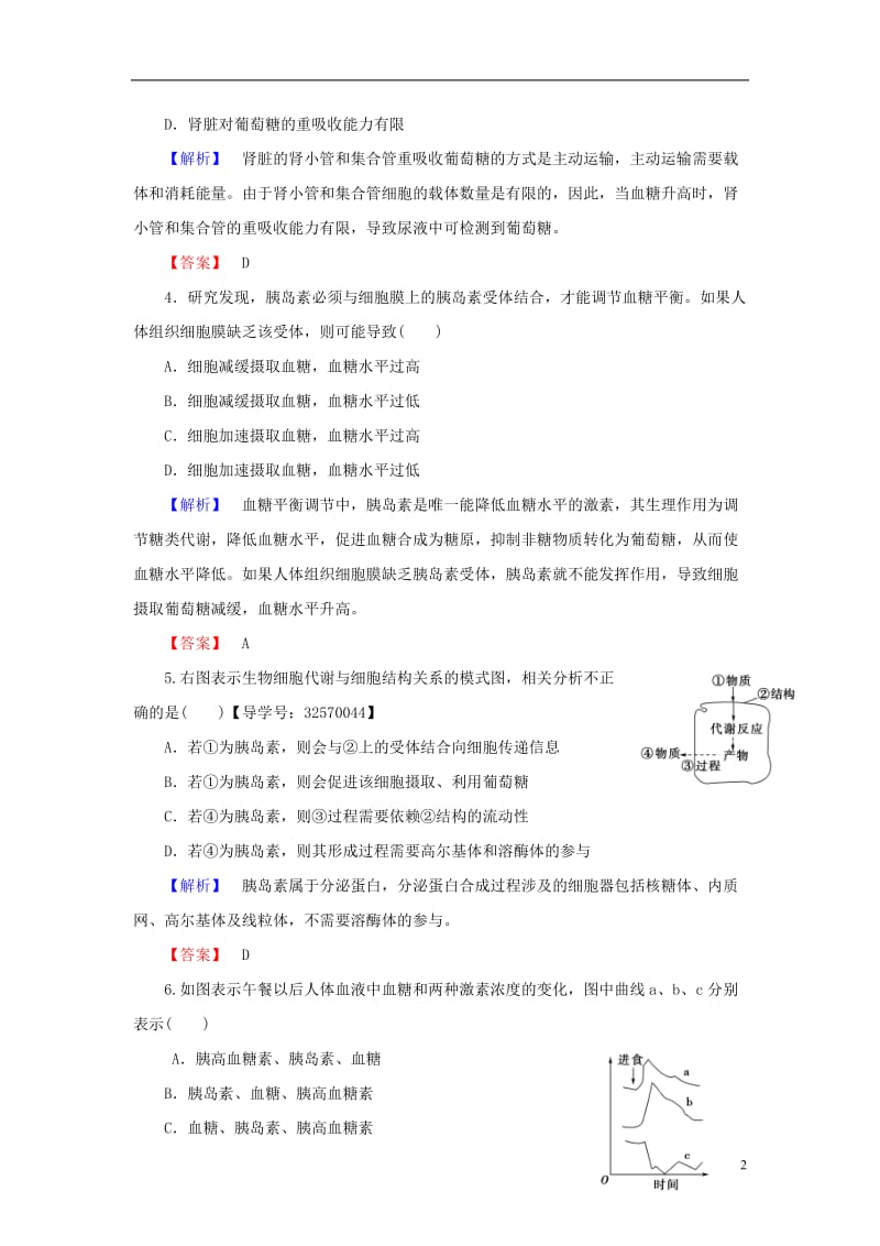 2016-2017学年高中生物第2章生物个体的稳态第1节人体内环境的稳态第3课时血糖调节学业分层测评苏教版必修3_第2页