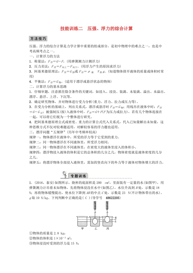 中考物理总复习 技能训练二 压强、浮力的综合计算 新人教版_第1页