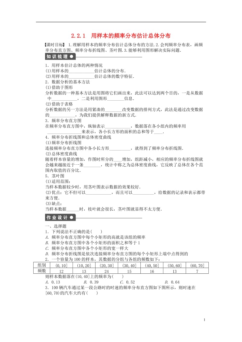 2016-2017学年高中数学第2章统计2.2.1用样本的频率分布估计总体分布课时作业新人教A版必修3_第1页