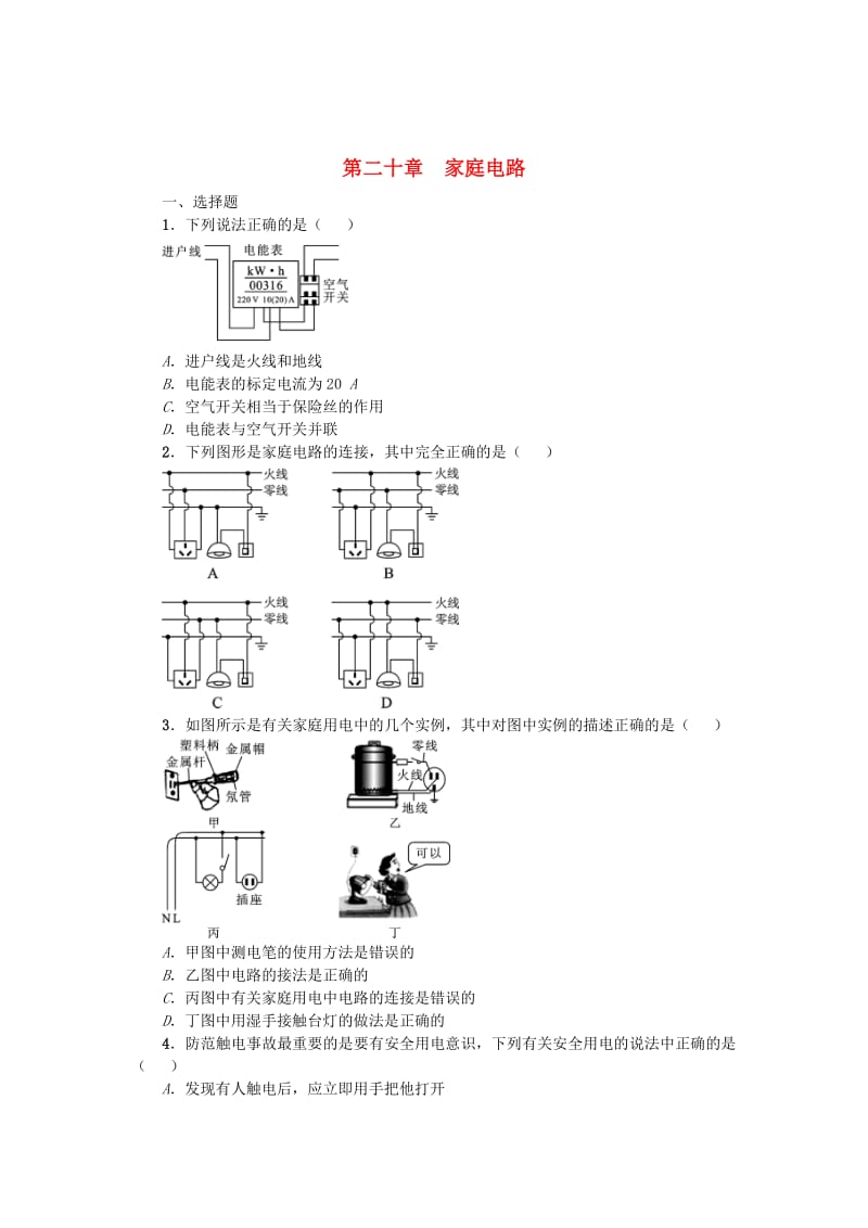 中考物理小练习 第二十章 家庭电路_第1页