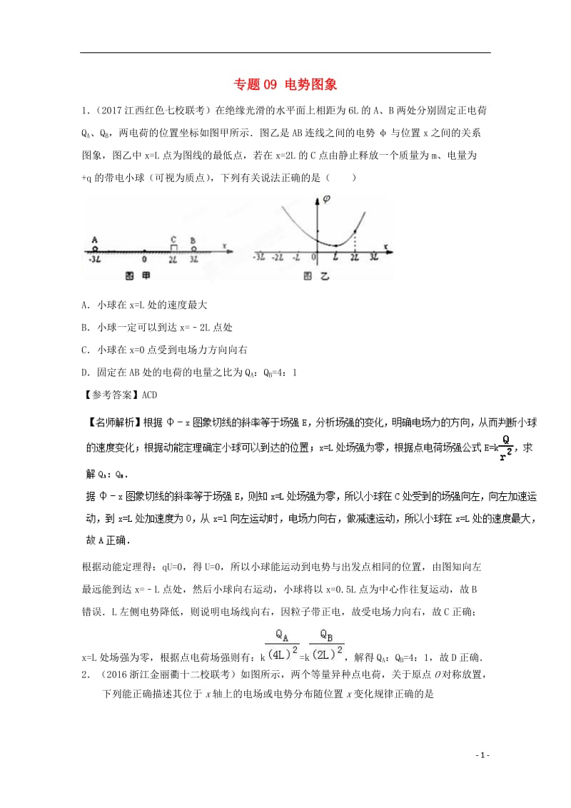 2017高考物理最新模拟题精选训练静电场专题09电势图象含解析_第1页