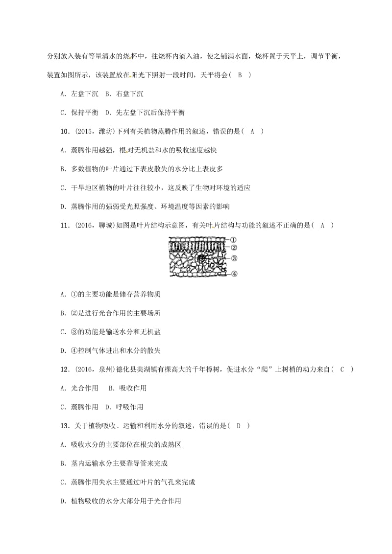 中考生物第一轮复习 七上 3_3 绿色植物与生物圈的水循环训练 新人教版_第3页