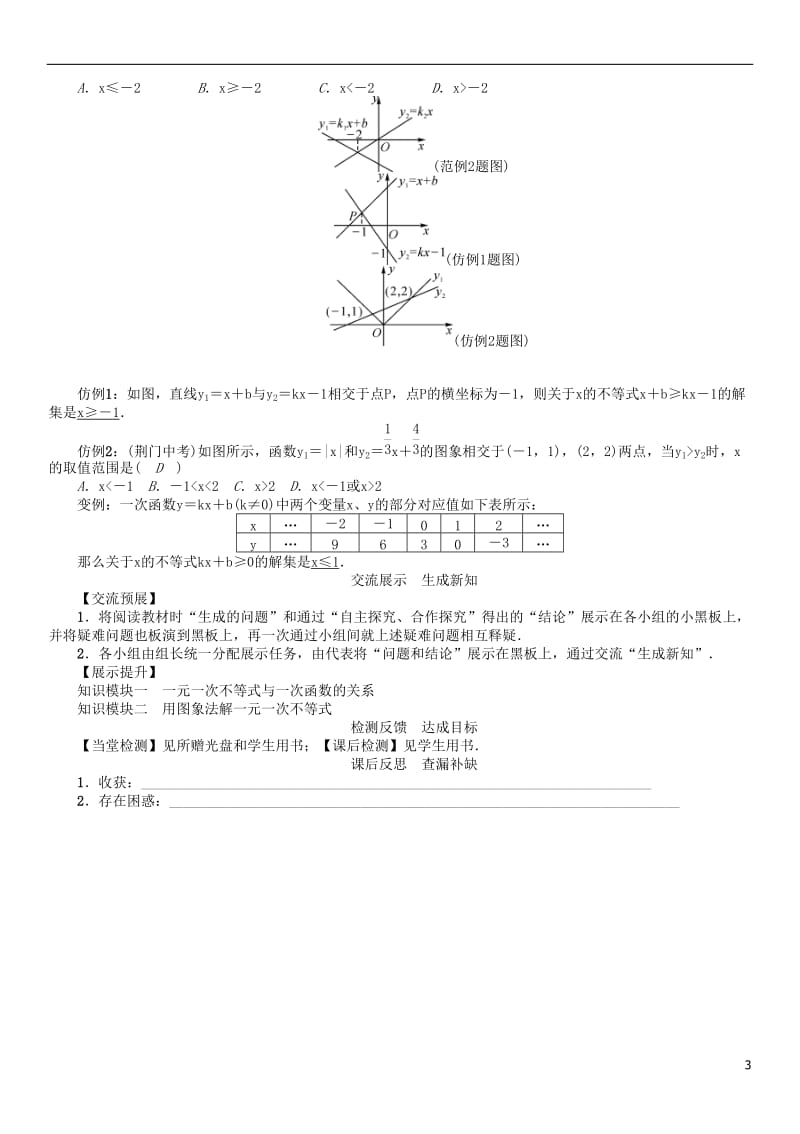 2017年春八年级数学下册2一元一次不等式与一元一次不等式组课题一元一次不等式与一次函数学案新版北师大版_第3页