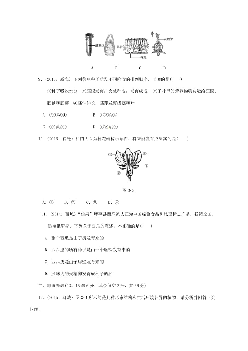 中考生物第一轮复习 专项三 绿色植物（一）训练_第3页