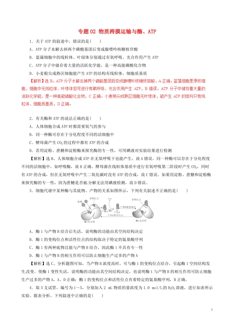 2017年高考生物二轮复习专题02物质跨膜运输与酶ATP押题专练含解析_第1页