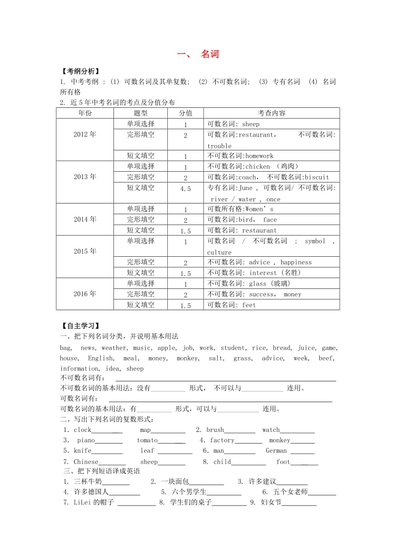 中考英语突破复习（第一部分 语法专项）一 名词导学案_第1页