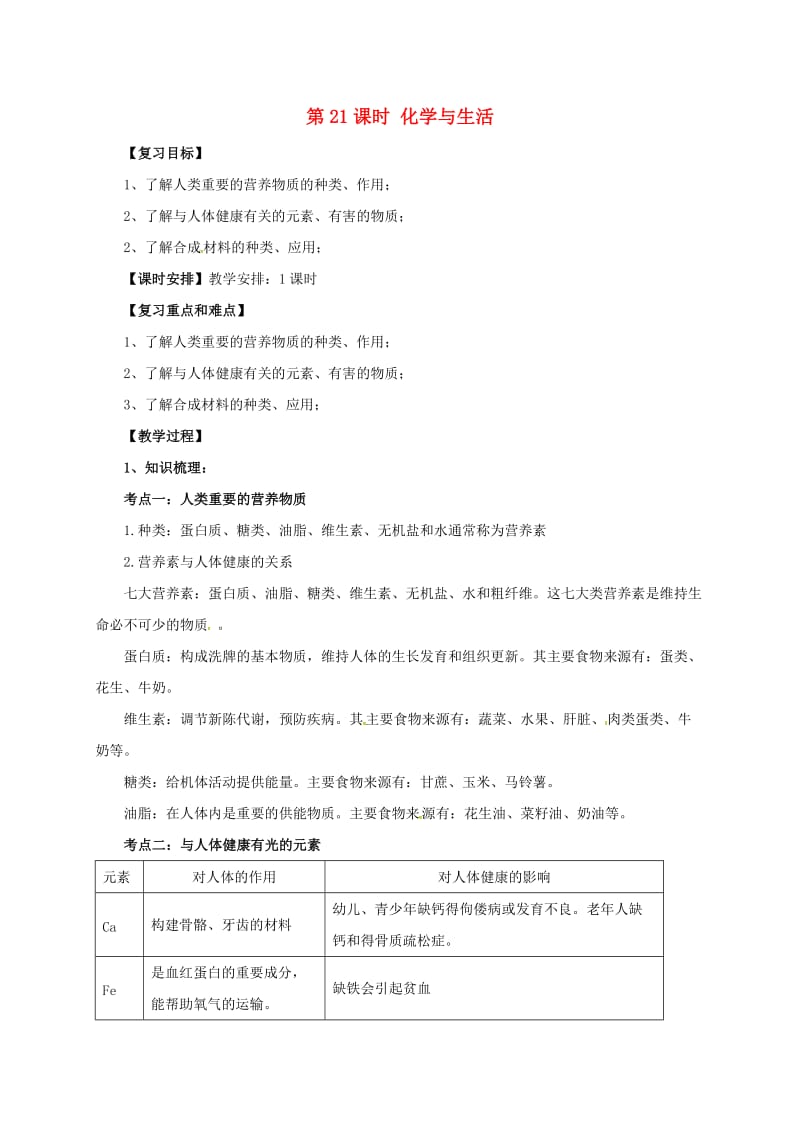 中考化学一轮复习 第21课时 化学与生活学案_第1页