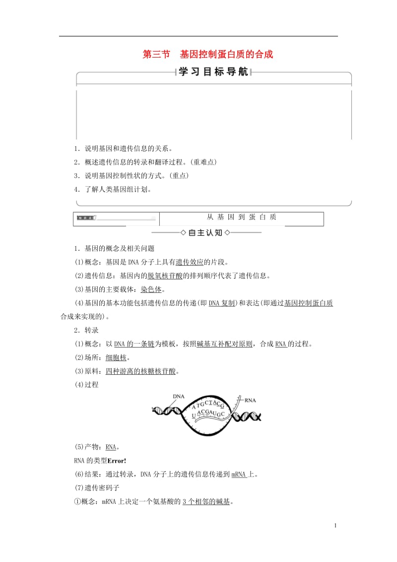 2016-2017学年高中生物第4章遗传的分子基础第3节基因控制蛋白质的合成学案苏教版必修2_第1页