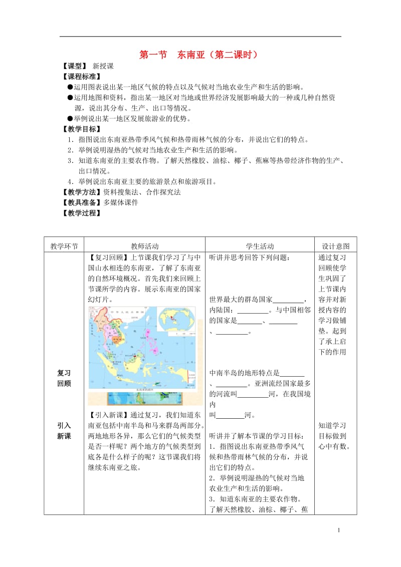 七年级地理下册 第七章 第一节 东南亚（第2课时）教学案 （无答案）（新版）商务星球版_第1页