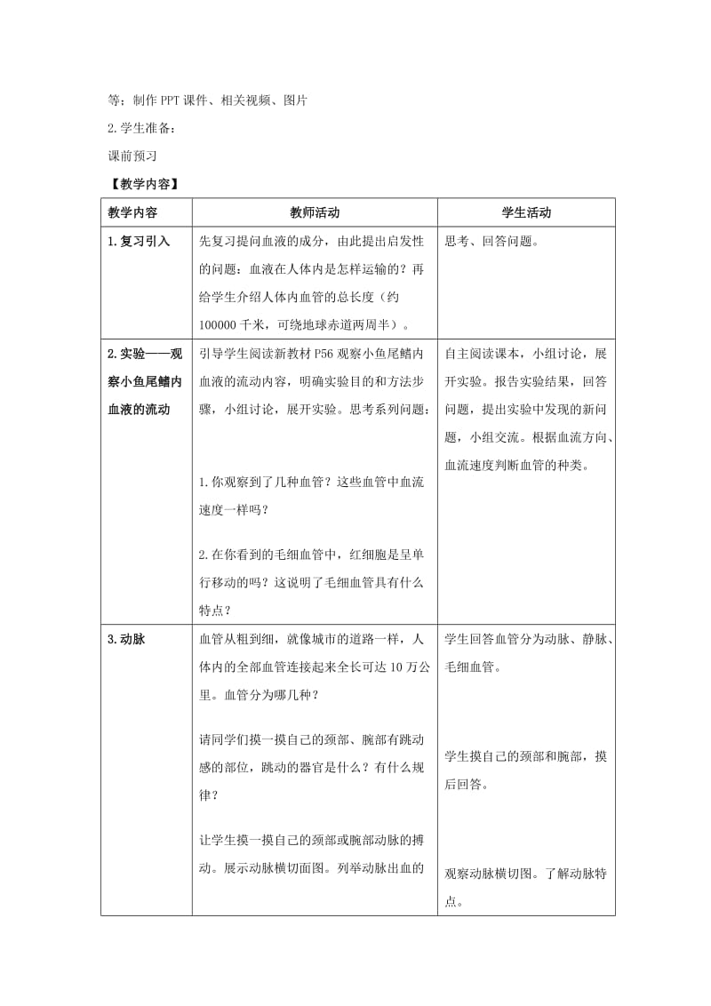 七年级生物下册 4_2 血流的管道——血管教案 （新版）新人教版_第2页