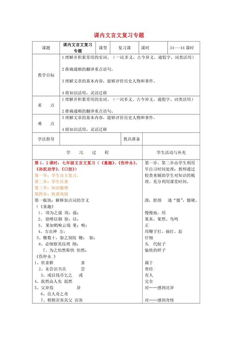 中考语文专项复习 课内文言文《童趣》《伤仲永》《孙权劝学》《口技》）教案 新人教版_第1页